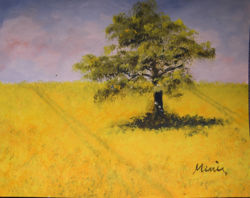 Rapdsfeld mit Baum Acryl auf Malkarton 38x48cm